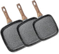 3 Pieces Nonstick Grill Pan Set – Square Griddle Pans with Wooden Handle, Compatible with All Stovetops, Perfect for Steak, BBQ, Vegetables (9.5", 10.2", 11") Deep Black