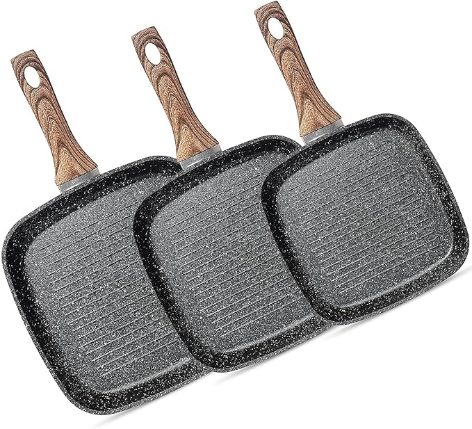 3 Pieces Nonstick Grill Pan Set – Square Griddle Pans with Wooden Handle, Compatible with All Stovetops, Perfect for Steak, BBQ, Vegetables (9.5", 10.2", 11") Deep Black