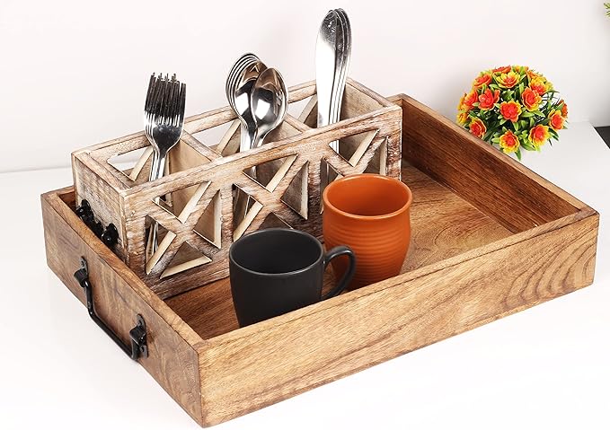 Wooden Decorative Serving Tray with Metal Handles | Wood Trays for Breakfast in Bed, Lunch, Dinner, Appetizers, Patio, Ottoman, Coffee Table, Party (15" X 11" x 2.75")