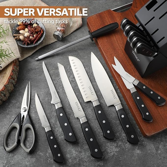 TIVOLI Knife Block Set, 15 PCS Kitchen Knife Set with Block & Sharpener Steel & Kitchen Scissor, High Carbon Stainless Steel Cutlery Knife Set, Ergonomic Wood Handle, Gifts For Cooks, Black