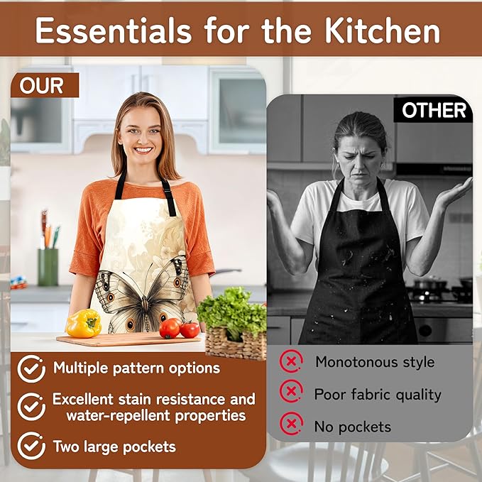 Cooking Apron for Women and Men,Adjustable Chef Bib Apron with 2 Pockets, Water and Oil Resistant for Kitchen Use