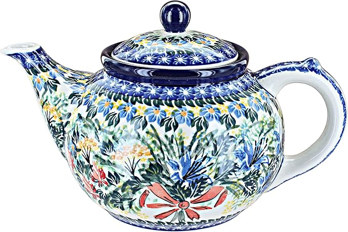 Blue Rose Polish Pottery - Blue Day Lily Bouquet Medium Teapot - 4 Cup Capacity - Hand-Painted Polish Pottery Ceramic Coffee & Tea Server