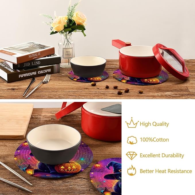 Cute Cat with Witch Hat Kitchen Trivets Pot Holders Set of 2, Trivets for Hot Pots Dishes Woven Trivet Coaster Pad Mat for Counter