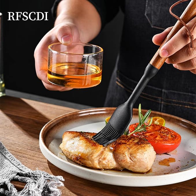 Exquisite Silicone Cooking Utensils Set - Non-Toxic, Heat-Resistant Kitchen Utensils Set with Food-Grade Silicone & Wood Handles - Includes Spatula & Spoon for Non-Stick Cookware, Black