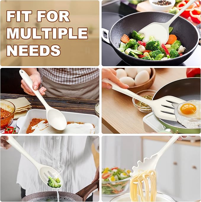 TeamFar Silicone Cooking Utensils Set, 5-Piece Heat Resistant Kitchen Utensils Set, Nonstick Slotted Solid Spoon Turner Pasta Server for Frying, Serving, Mixing, Non-Toxic & Dishwasher Safe, White