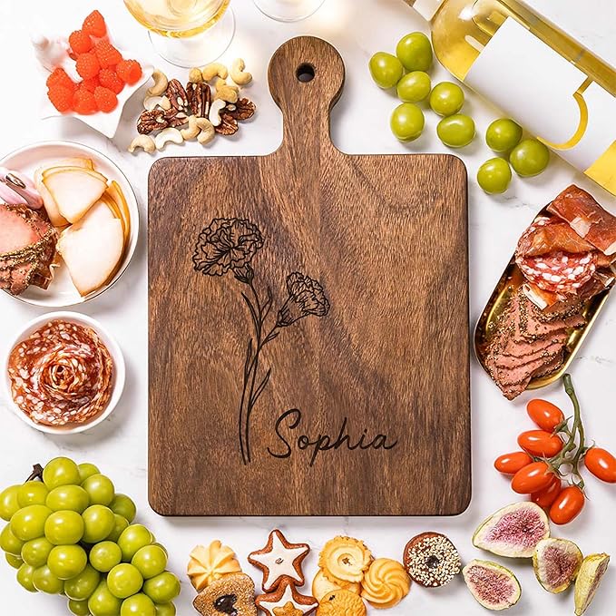callie Personalized Cutting Board with Birth Flower & Name, Wooden Engraved Kitchen Chopping Boards with Handle, Christmas Birthday Wedding Gifts for Mom Grandma Bride (S, M, L)