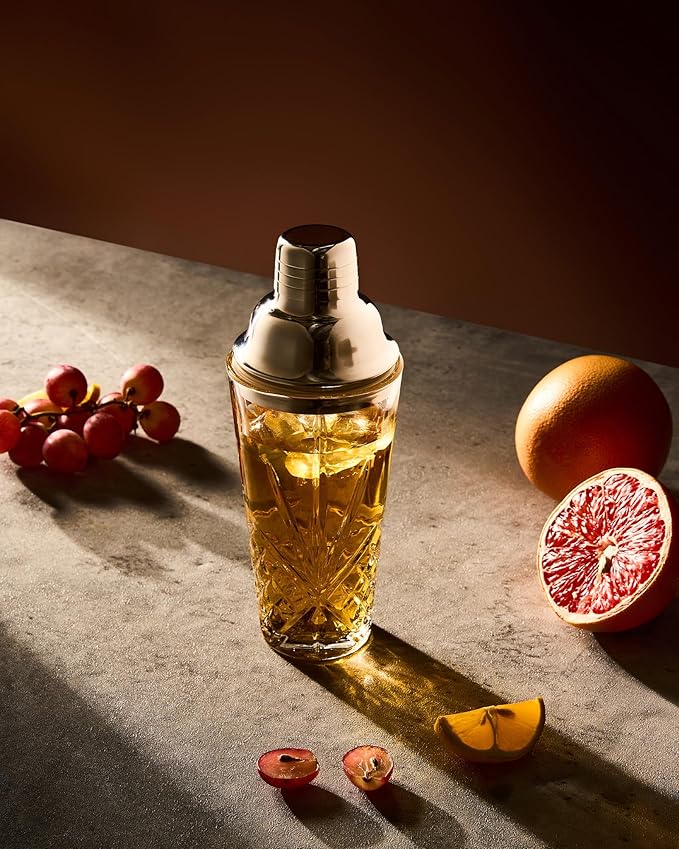 Glass Cocktail Shaker, 15oz Cut Design - Exquisite Drink Shaker for Elevated Mixology. Perfect for Crafting Artisan Cocktail, Martini,Espresso. (Thick &Heavy Shaker & S.Stainless Silvery Pourer/#304)