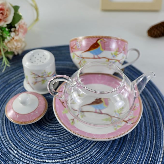 Tea for One Set, Glass Teapot with Porcelain Infuser Strainer and Cup & Saucer- Happy Bird Pattern (Pink)