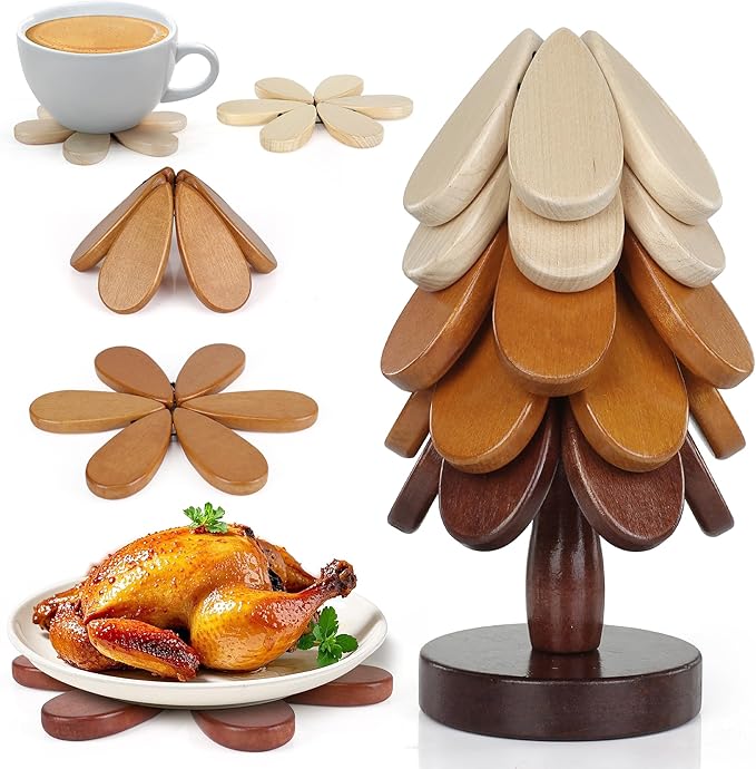 Christmas Tree Trivet Wooden Trivets for Hot Dishes, Christmas Tree Coasters Wooden Set of 5, Table Decor Coaster for Home and Restaurant