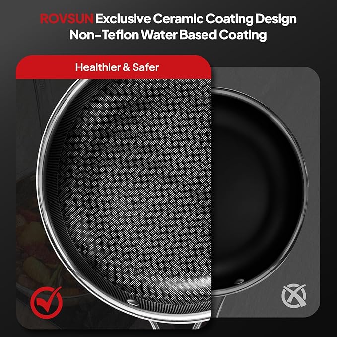 ROVSUN 10'' Non-stick Frying Pan, Tri-ply Stainless Steel Nonstick Skillet, Non-Toxic RV Kitchen Set Chef's Pan, PFOA & PTFE Free, Compatible for All Cooktops