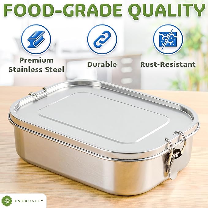 Everusely - Bento Box - Stainless Steel Lunch Box for Adults - 47 oz, 1.4 L - 5 Compartment Snack Container with Removable Silicone Seal + Secure Lock Clips - Non Plastic, Leakproof, Dishwasher Safe