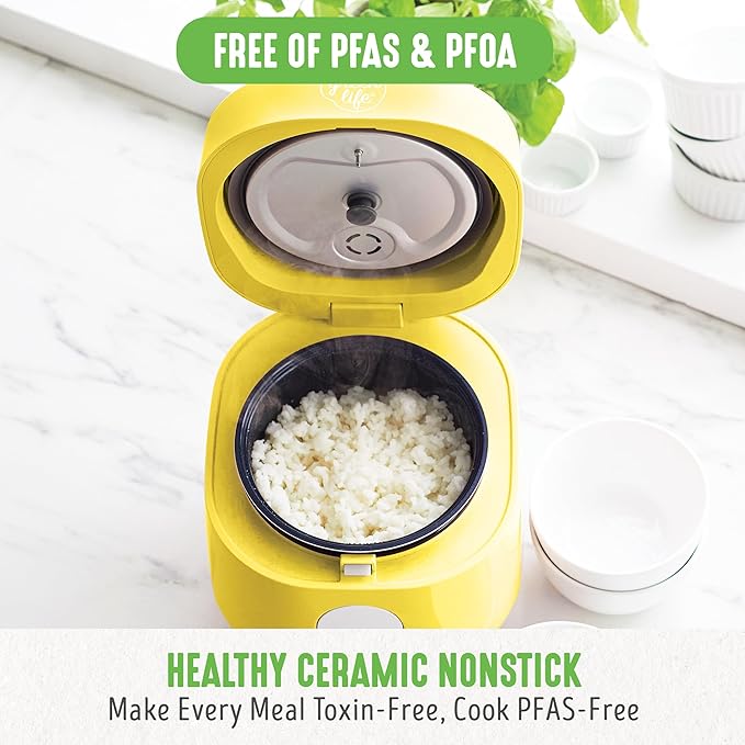 GreenLife Digital Rice Cooker, 2-Cups Uncooked/4-Cups Cooked, Removable Nonstick Ceramic PFAS-Free Pot, One-Touch Presets, Oats, Quinoa, Brown Rice, Auto Keep Warm, Fuzzy Logic Tech, 1.5 QT, Yellow