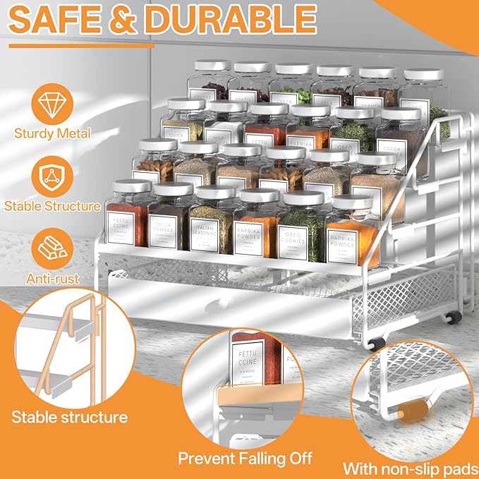 Spice Rack Organizer with Drawer: 5 Tier Spice Organization for Cabinet, Depth Adjustable Metal Shelf for Kitchen Countertop, Cupboard, Pantry, Holds Seasoning and Condiments (White)