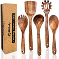 5Pcs Wooden Cooking Utensils Set, Natural Acacia Wood Utensils Set for Cooking, Non-Stick Wooden Kitchen Utensils Set, Heat-Resistant Kitchen Tool Set with Wooden Spoon, Spatula, Ladle, Pasta Server