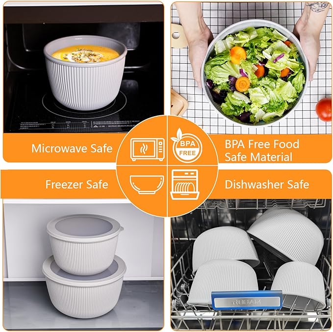 BoxedHome Nesting Plastic Mixing Bowls, BPA-Free Plastic, Microwave and Dishwasher Safe, Set of 4, 2.5 quart, 3.5 quart, 4.5 quart, Grey