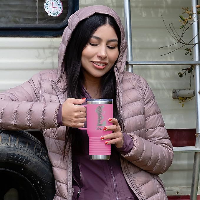 LaserGram 20oz Vacuum Insulated Travel Mug with Handle, Tiki Statue, Personalized Engraving Included (Pink)