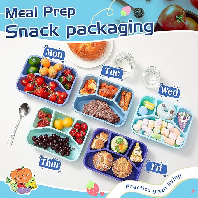Honeydak 5 Pack Snack Containers 4 Compartment Bento Snack Boxes Reusable Lunchable Containers with Lids Divided Meal Prep Lunch Food Storage Box for School Work Travel(Blue Ombre,Mixed)
