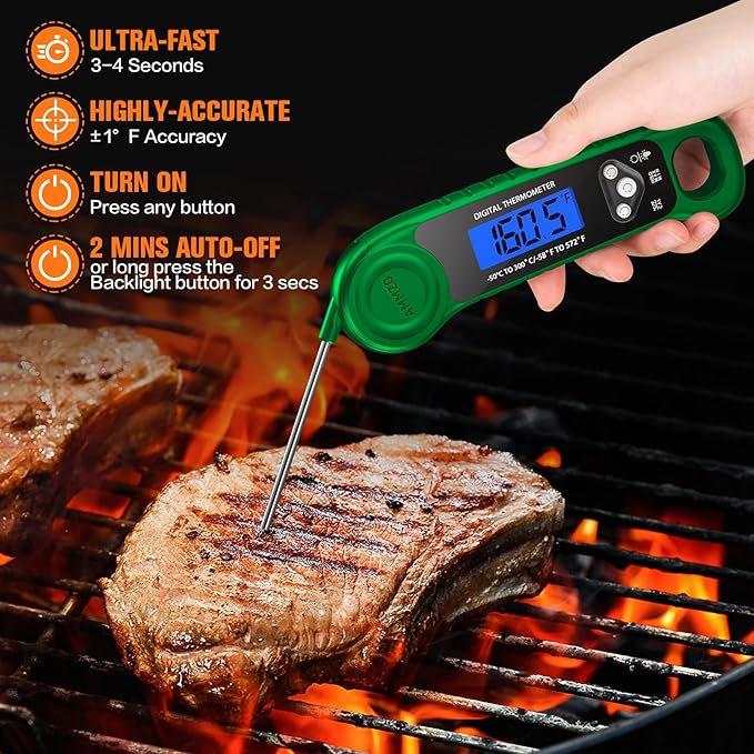 Digital Meat Thermometer for Grilling, Candy Thermometer Instant Read Food Thermometer Waterproof with Backlight for Cooking, Deep Fry, BBQ, Grill, Smoker and Roast (Green)
