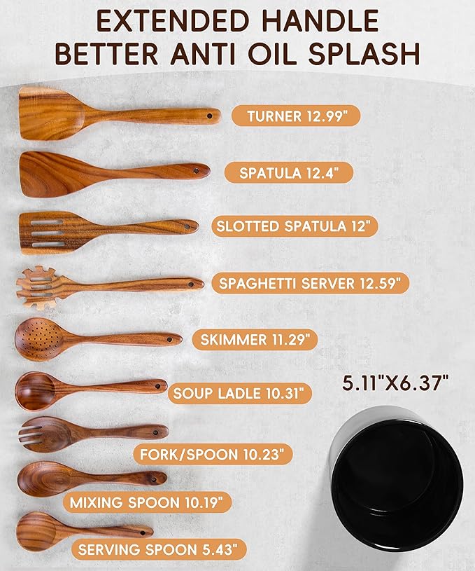 Nucookery Wooden Cooking Utensils Set with Holder, Teak Wood Utensils, Ceramic Holder for Countertop with Protection Cork Bottom, Nonstick Spoons, Cooking Spatula Set, 10 Pcs Kitchen Decor, (Black)