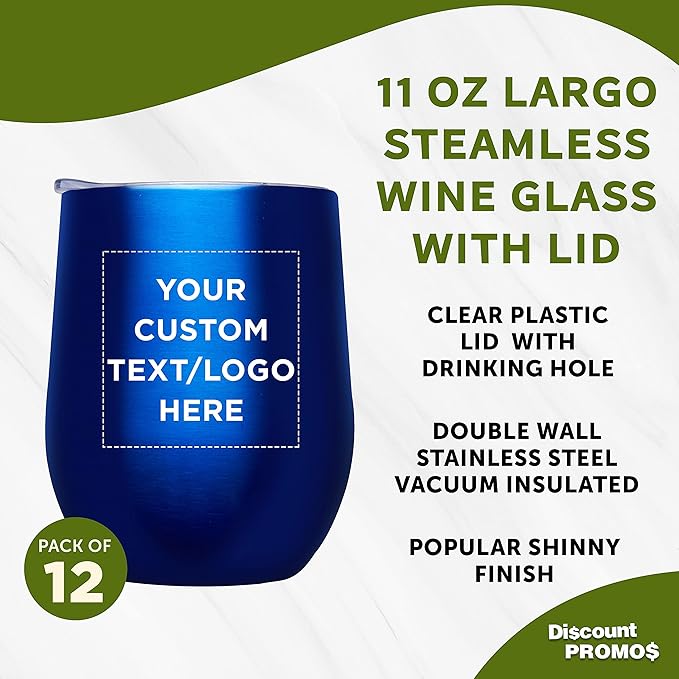 Custom Stemless Wine Glass Tumblers with Lids by Largo 11 oz. Set of 12, Personalized Bulk Pack - Perfect for Wine, Cocktails, Other Hot & Cold Beverages - Blue