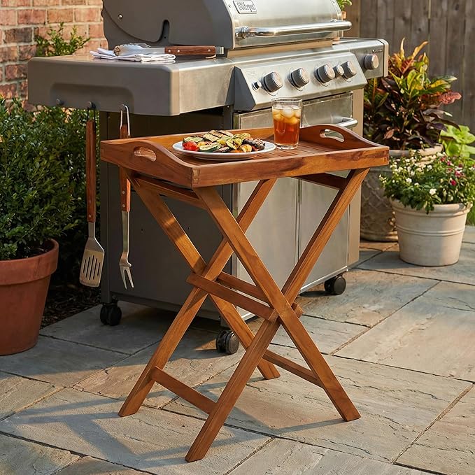 Bare Decor Kalos Outdoor Solid Teak Wood Tray Table, 30-Inch, Brown