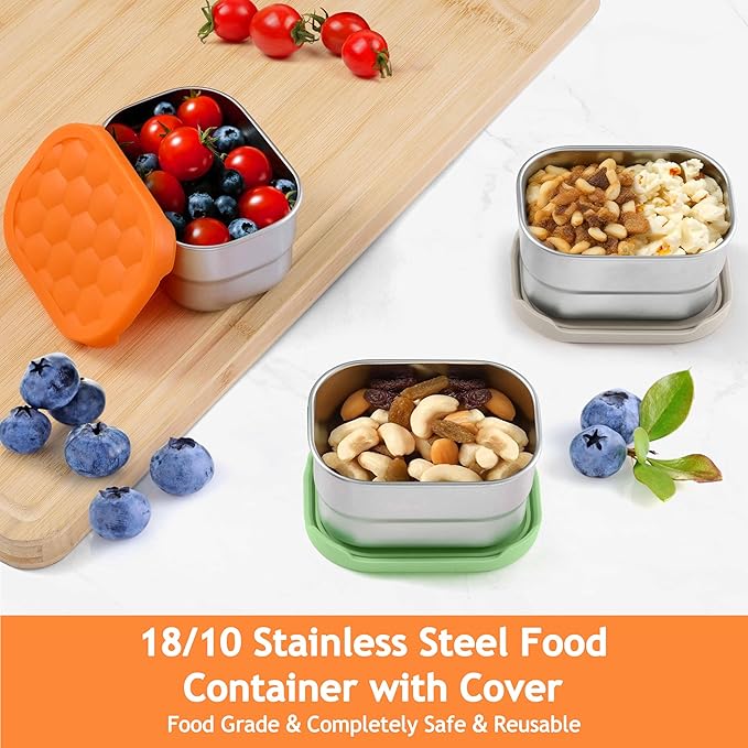 Homikit 3 Pack Snack Containers for Kids, 18/10 Stainless Steel Toddler Lunch Box with Silicone Lids, Reusable Bento Food Container Set for School Daycare, Nontoxic & Leak Proof, Green/Khaki/Orange