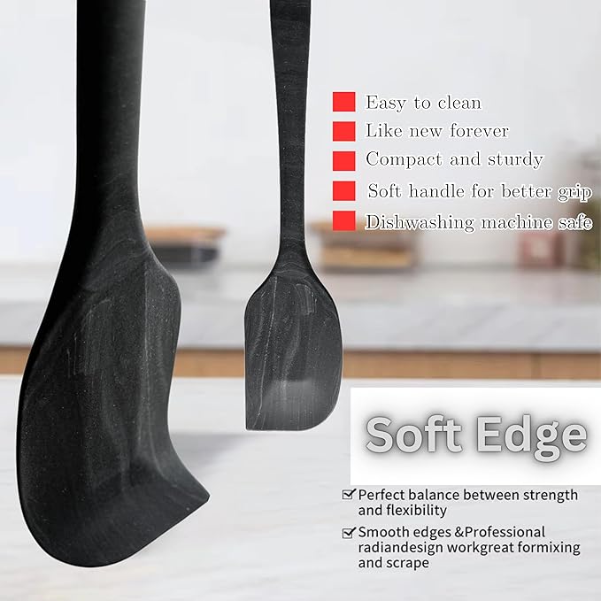 Premium Silicone Marbled Spatula Set of 6 – 446°F Heat-Resistant One-Piece Steel Core, Non-Stick Kitchen Tools for Baking, Cooking & Mixing – Dishwasher Safe (Black)