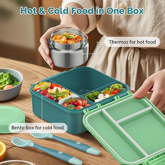 Bento Box for Kids with Soup Thermos(9oz)– Kid Bento Lunch Box with Leak Proof Insulated Food Jar, Hot & Cold Lunch Container Set for School Girls Boys, 4-Compartments, Dishwasher Safe, Green