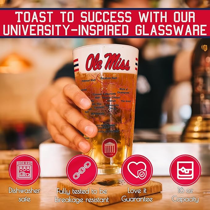 Greenline Goods – University of Mississippi Rebels College Pint Beer Glasses (Set of 2), 16 oz – Full-Color Logo + Campus Map