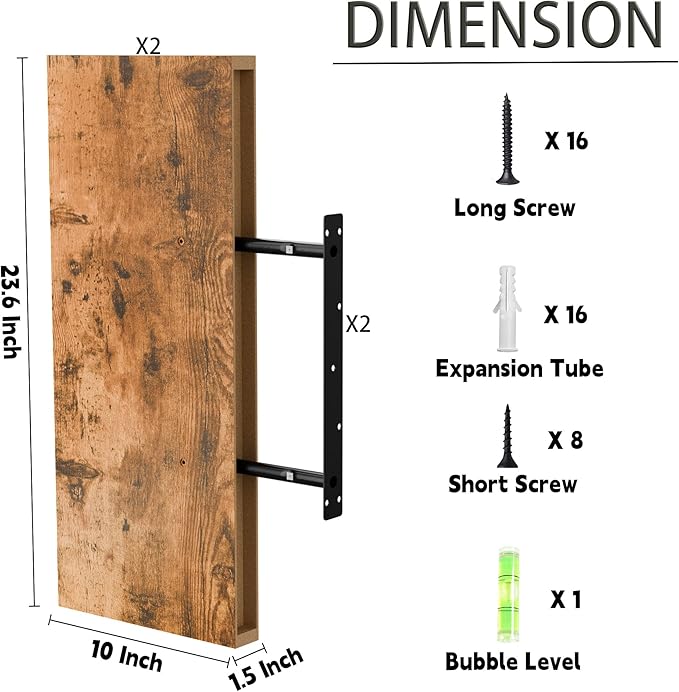 Rustic Brown 24 Inch Floating Shelves for Wall, 10 Inch Deep Floating Shelves, Wall Shelves for Bathroom Over Toilet, Live Edge Display Shelf with Invisible Brackets for Bedroom, Home Decor