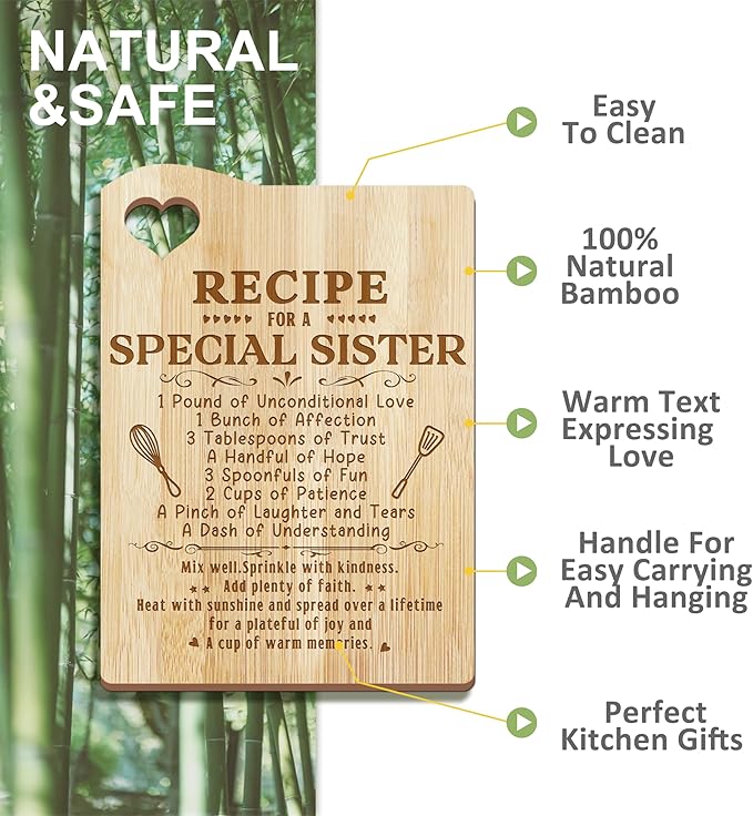 Sister Gifts, Christmas Sisters Gifts from Sister, Sisters Birthday Gift Wooden Cutting Board with Cooking Utensils Set with Apron Set, Great Kitchen Gift for Galentines Day
