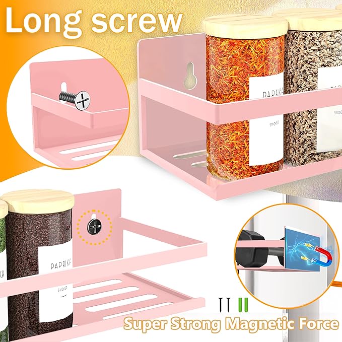 Magnetic Spice Rack for Refrigerator Seasoning Organizer for Spice Fridge Shelf storage Magnetic Shelf with Hook for Oven (4pack-Cut out-Pink)