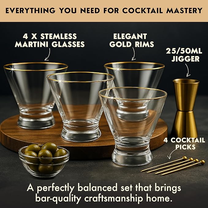 VEMACITY - Stemless Martini Glasses Set of 4 with Gold Rims & Bar Tools - Crystal Cocktail Glasses for Espresso Martinis, Margaritas - Includes Gold Jigger & 4 Picks | Ideal for Christmas & New Years