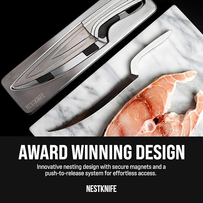 Kitchen Knife Set Stainless Steel, Chef Knife Set of 4 Pieces, Space Saving Ergonomic Design of Chef's Knives, Modern Stainless Steel Knives, Aesthetic Kitchen Essential, NestKnife Patented Technology