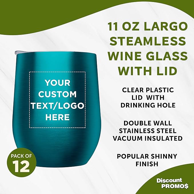 Custom Stemless Wine Glass Tumblers with Lids by Largo 11 oz. Set of 12, Personalized Bulk Pack - Perfect for Wine, Cocktails, Other Hot & Cold Beverages - Teal