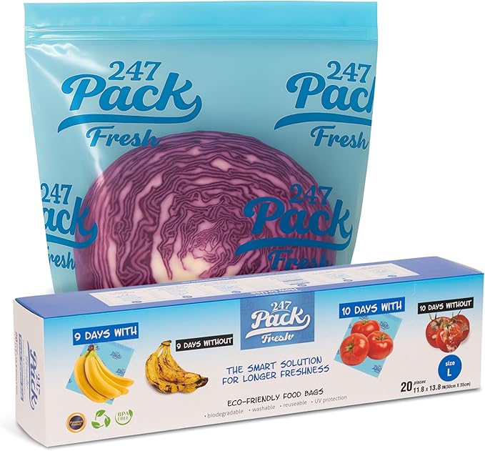 Freshpack 247 Zipper Bag Size L 12×14 inches (1.5 gallon) – Reusable Food Storage & Packaging Bags, Helps Keep Fresh up to 3× Longer – Biodegradable, BPA-Free, UV-Shielded, Washable, SGS Tested
