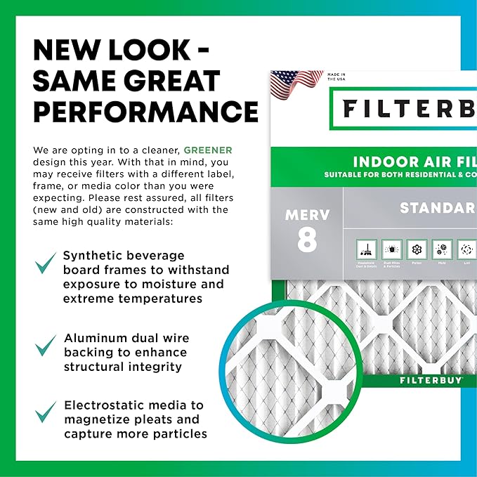 Filterbuy 11.25x11.25x2 Air Filter MERV 8 Essential Dust & Allergy Defense (6-Pack), Electrostatic Pleated HVAC AC Furnace Filters Replacement, Made in USA (Actual Size: 11.25 x 11.25 x 1.75)