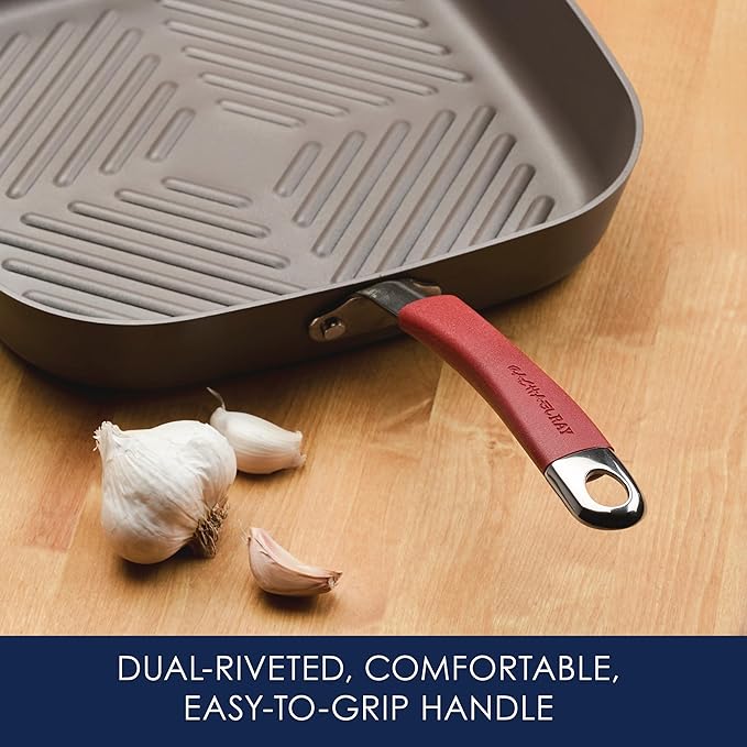 Rachael Ray Cucina Hard-Anodized Nonstick 11-Inch Deep Square Grill Pan, Gray with Cranberry Red Handle - 87632
