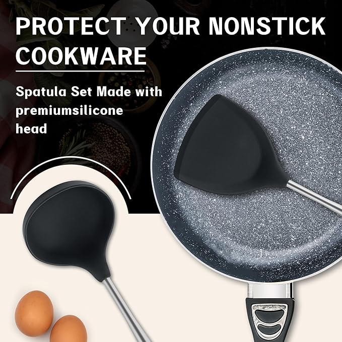 FJNATINH Silicone Spatula - Ladle - Skimmer Wok Tool Set,Stainless Steel Non Stick Heat-Resistant Cooking Utensils BPA Free Kitchen Utensils Cookware with Wooden Handle, Pack of 3