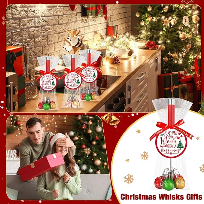 12 Pack Christmas Whisk Gifts Set Bulk Christmas Baking Set Includes Stainless Steel Whisk Xmas Greeting Cards Red Ribbons Clear Plastic Bags for Xmas Kitchen Gifts Cooking Baking Supplies