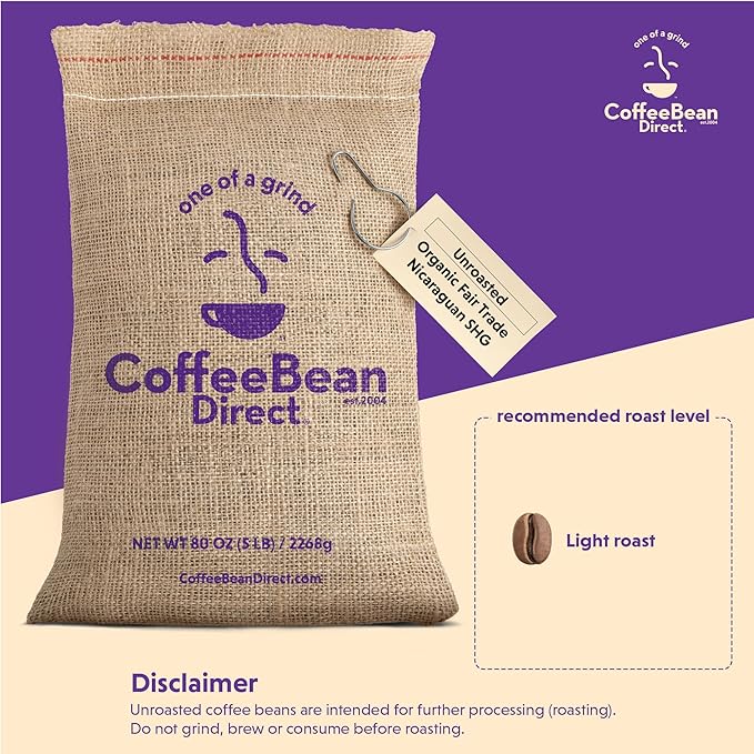Coffee Bean Direct Unroasted Organic Fair Trade Nicaraguan SHG, 5 Pound (Pack of 1)