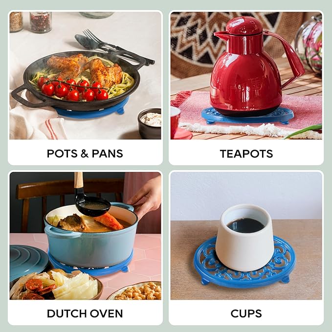 JOGREFUL Cast Iron Trivet Mats, Kitchen Pot Holders to Portect Table/Countertops, Heat Resistant Mats for Teapot/Hot Dishers/Plates, Vintage Mats with Weighted-Base, Blue