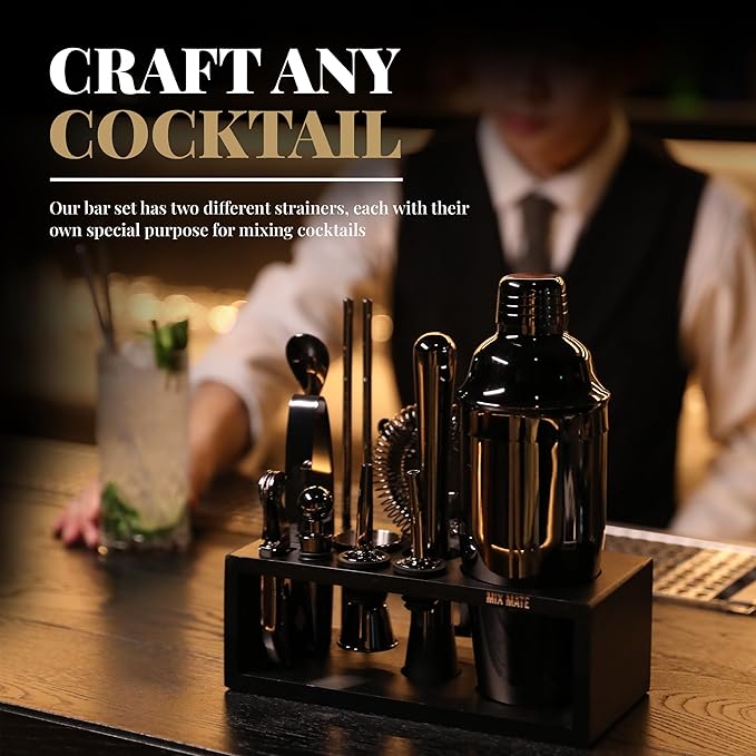 Black Stainless Steel Cocktail Shaker Set with Wood Stand - 15 Piece Bartender Kit with Drink Shaker, Bar Spoon, Jigger, Muddler, Strainer, Bottle Opener, Stopper, Pour Spout, Stirrers, Tongs, Recipes