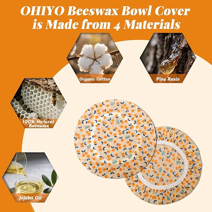 OHIYO Reusable Beeswax Bowl Covers (2 Large), Elastic Cotton Cloth Sourdough Bread Cover, 12 inch Reusable Bowl Caps for Bread Proofing Baskets and Large Mixing Containers