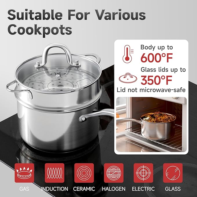 3.5 Quart Stainless Steel Saucepan with Steamer Basket, Tri-ply Full Body, Multipurpose Sauce Pot with Two-Size Drainage Holes Lid, Perfect For Boiling Gravies, Pasta, Noodles