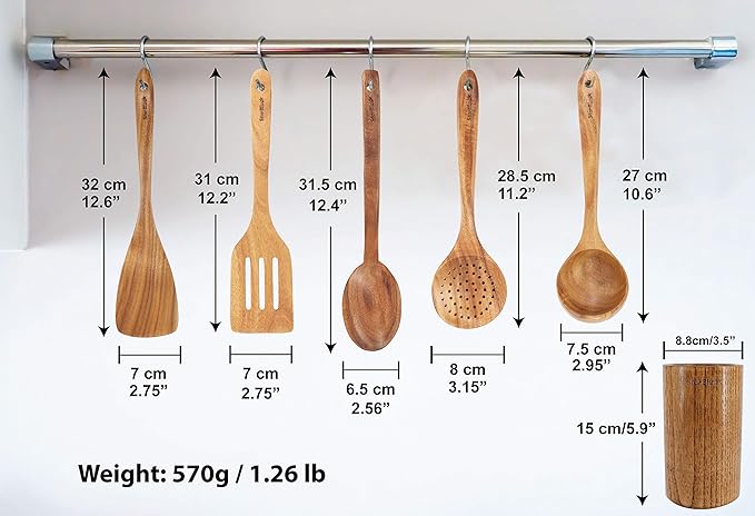 StarBlue Acacia Wooden Utensils Set 6 Pcs - Non-Scratching Durable Natural Wood Cooking Spatulas & Spoons for Nonstick Cookware with Holder