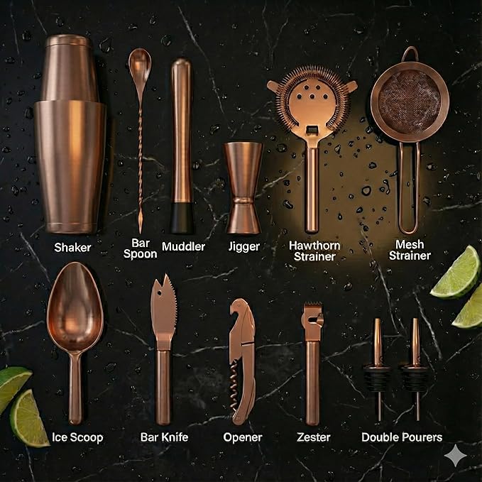Highball & Chaser Bartender Kit with Black Bamboo Stand Beautiful Cocktail Shaker Set and Bar Tools Stainless Steel Boston Shaker Bartender Kit with Stand (Antique Copper)