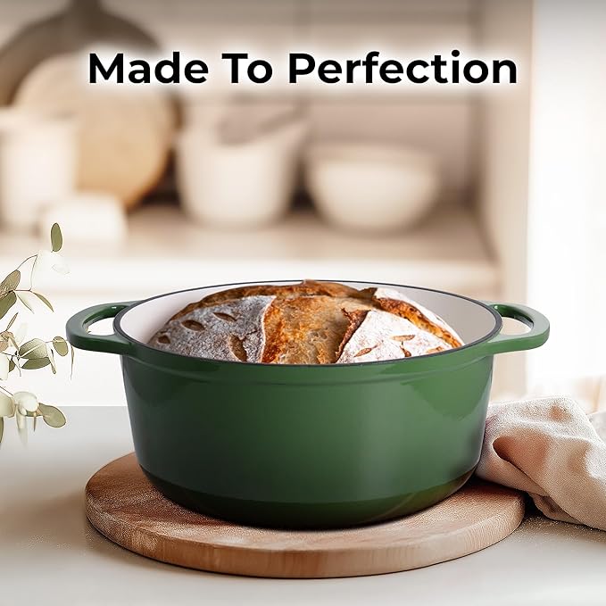 Zulay Kitchen 6 Quart Enameled Cast Iron Dutch Oven Pot with Lid – Premium Durability & Oven Safe up to 500°F – Heavy Duty Cookware Perfect for Bread Baking, Stews, Braising & Roasting – Green