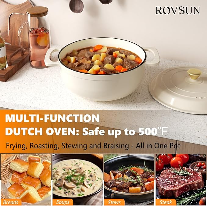 ROVSUN Enameled Cast Iron Round Dutch Oven, 6QT Pot with Lid &Dual Handles with Silicone Gloves,Oven Safe up to 500°F, Heavy-Duty Pre-Seasoned Cookware for Bread Baking, Braising, Stews, Roasting, Cream White