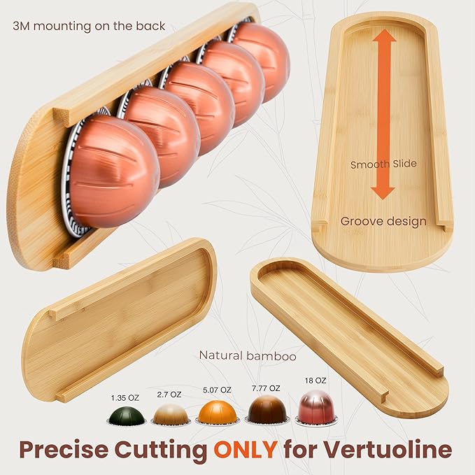 Bamboo Coffee Pod Holder, Adhesive Wall Mount for Cabinet Door, 20-Capsule Storage (Set of 4) — Vertical/Horizontal — Compatible with Nespresso Vertuo Line-Bamboo Brown